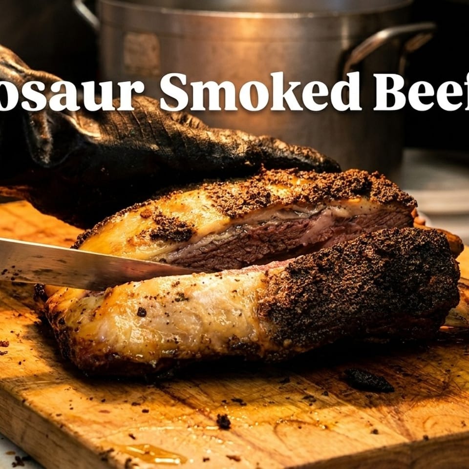 Gloved hands slice a large, smoked beef rib with a dark, crispy crust on a wooden cutting board.