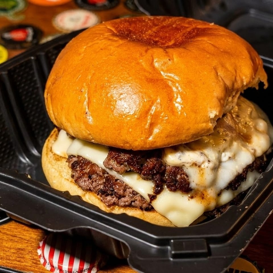 Double cheeseburger with melted cheese and caramelized onions in a black takeout container.