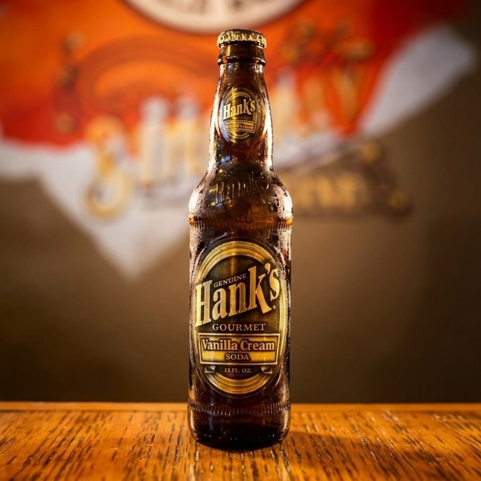 A cold bottle of Hank's Gourmet Vanilla Cream Soda stands on a wooden bar.