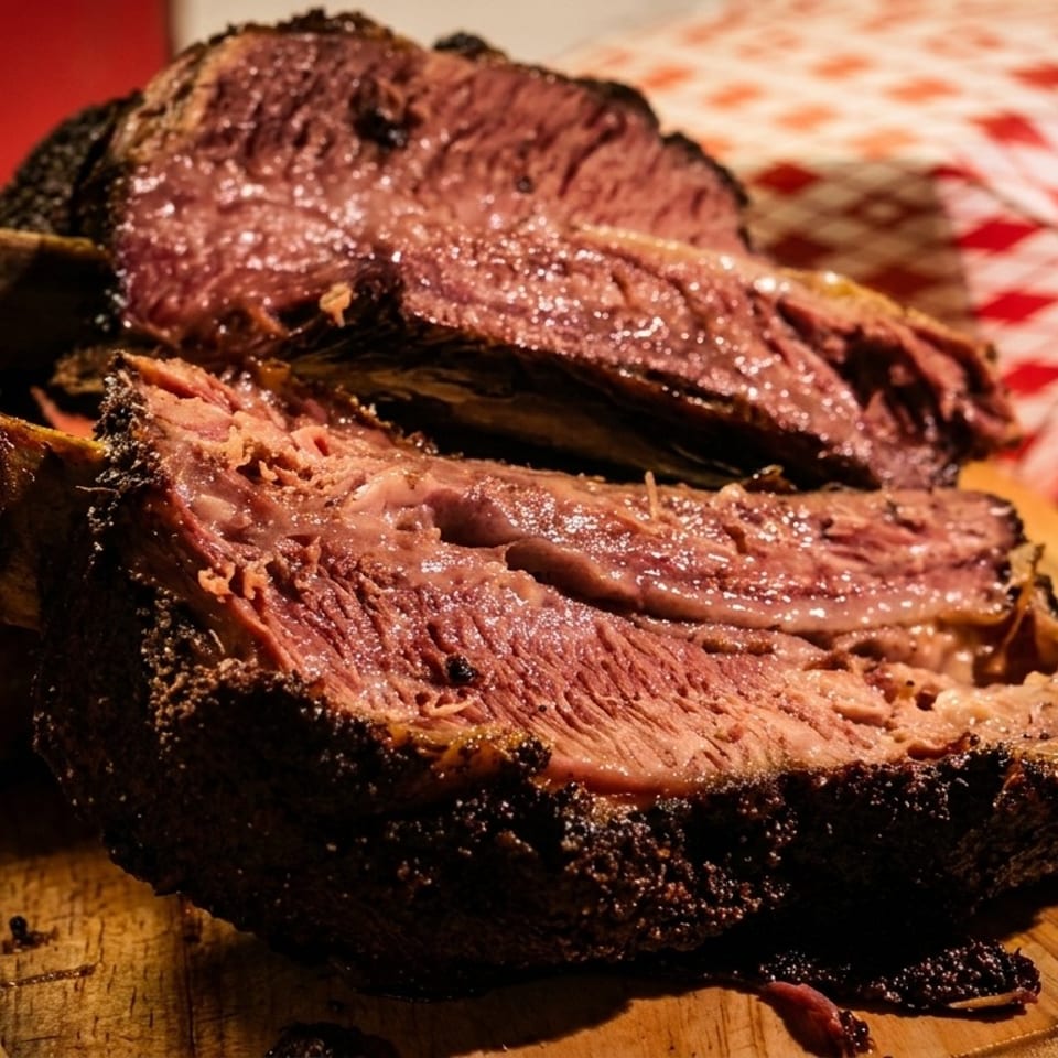 Close-up of sliced smoked brisket with a dark, crusty bark on a wooden cutting board.
