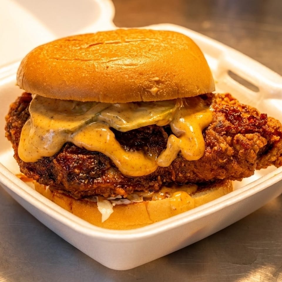 Crispy fried chicken sandwich with sauce and pickles in a white takeout container.