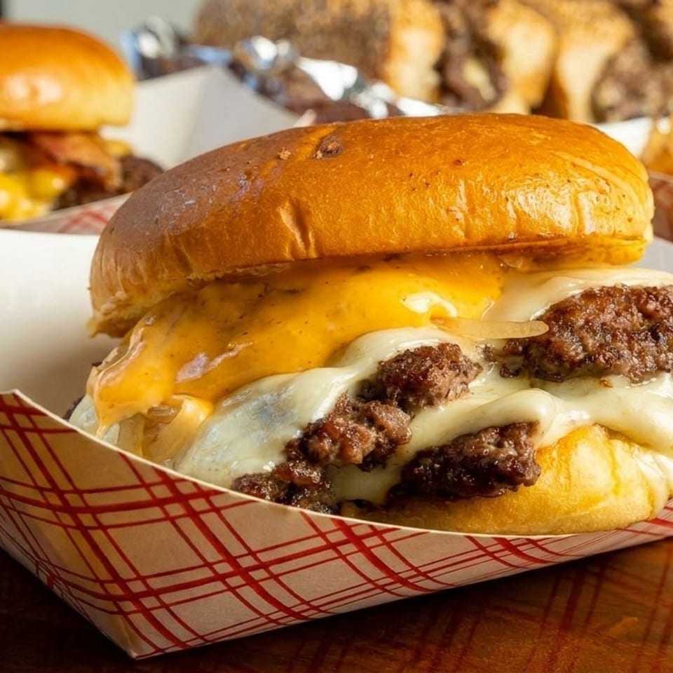 Close-up of a juicy cheeseburger with melted cheese and sauce in a paper tray.
