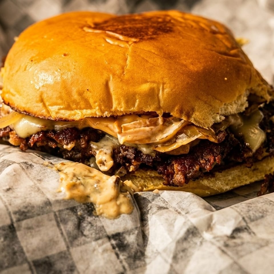 A juicy burger with melted cheese, caramelized onions, and sauce on checkered paper.