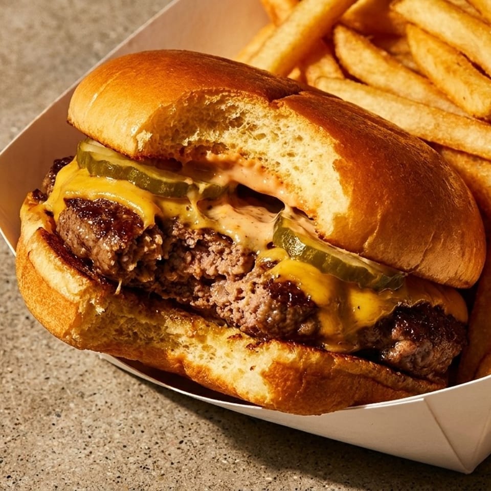 Cheeseburger with pickles and special sauce, with a side of golden french fries in a paper tray.