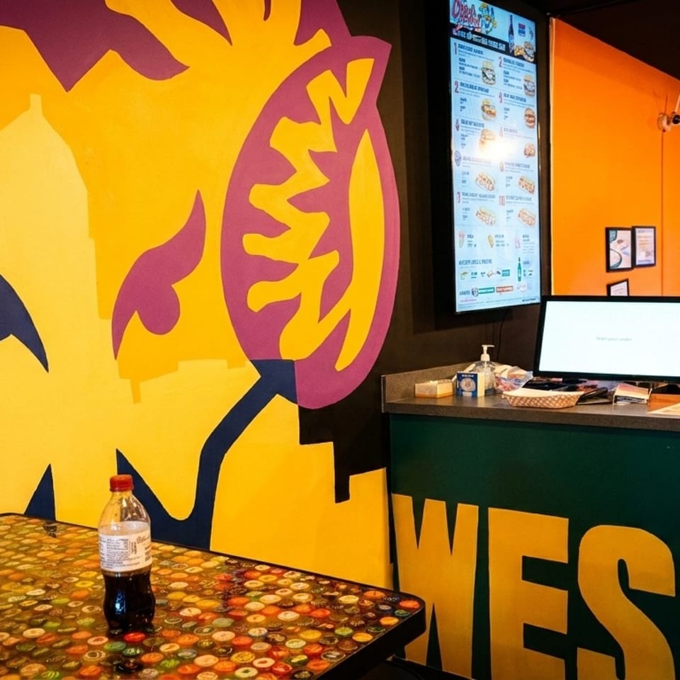 A customer orders at a counter with a digital menu, colorful wall art, and a bottle-cap table.