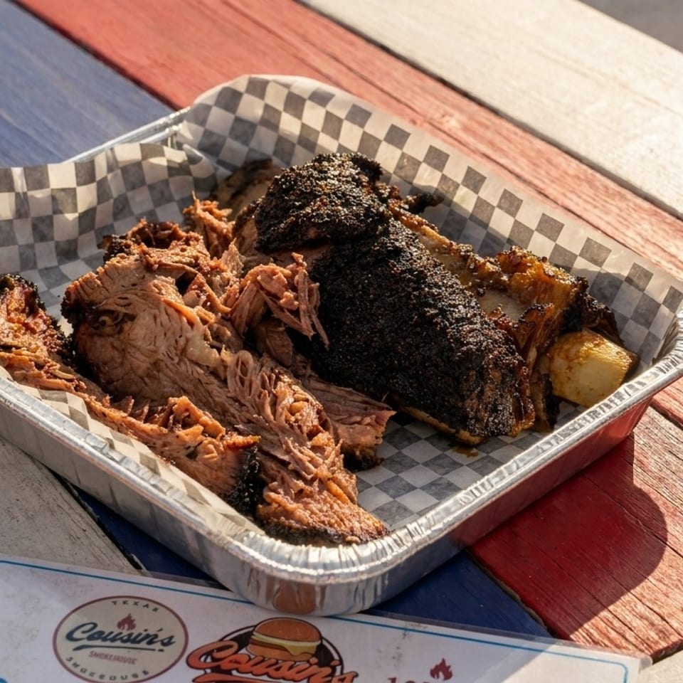 Smoked brisket and ribs in a foil tray on a red, white, and blue picnic table.