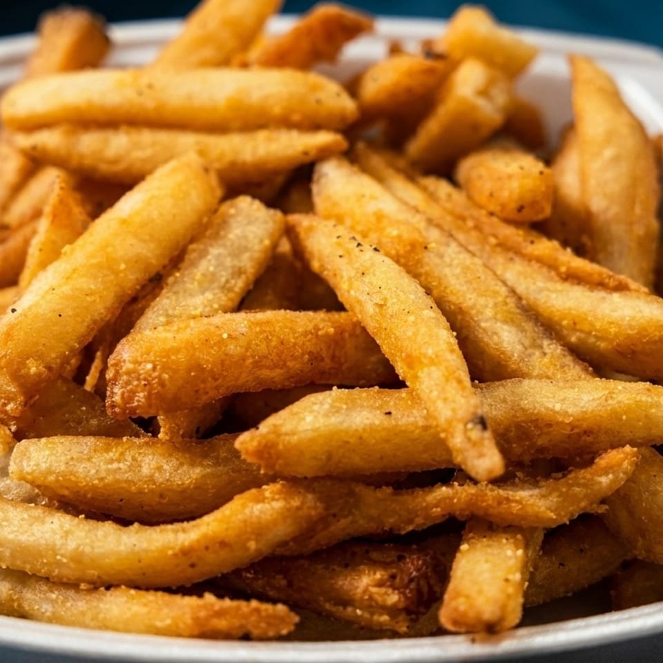 Close-up of golden-brown french fries seasoned with pepper, served in a white takeout container.