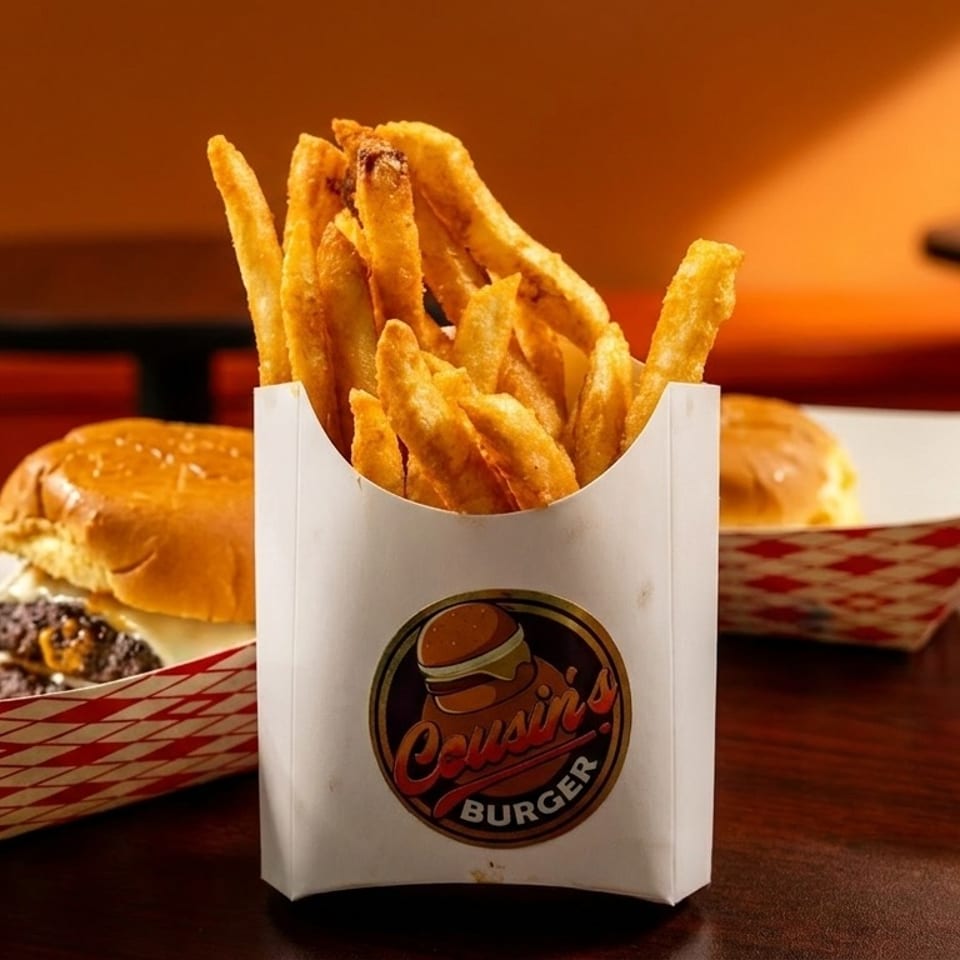 Golden fries in a Cousin's Burger branded container, with two cheeseburgers in red checkered trays.