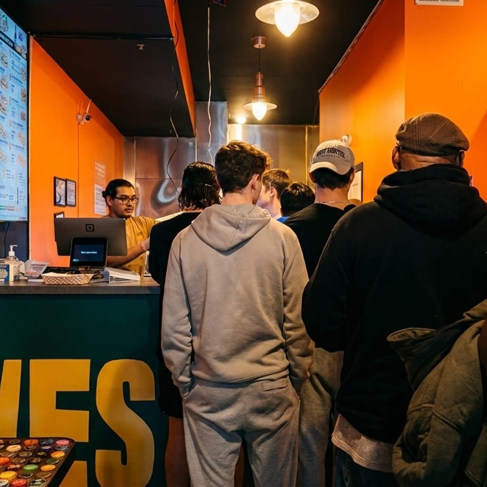 Customers line up at a counter with an orange wall, menu screen, and a cashier.