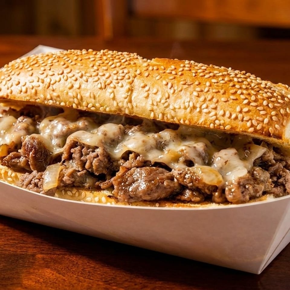 Cheesesteak sandwich with melted cheese and onions on a sesame seed roll in a paper tray.
