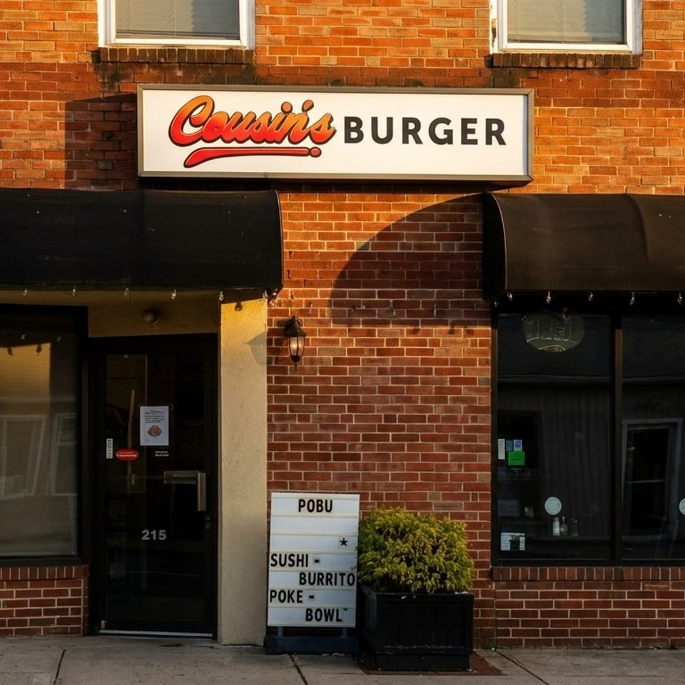 Cousin's Burger restaurant exterior with a brick facade, black awnings, and a sign for sushi.