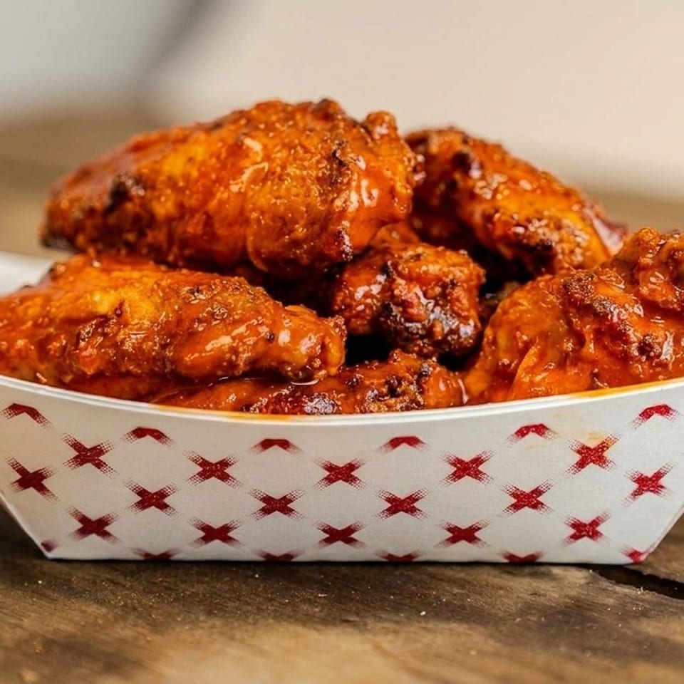 A white paper tray with red 'X' patterns filled with saucy, golden-brown chicken wings on a wooden table.