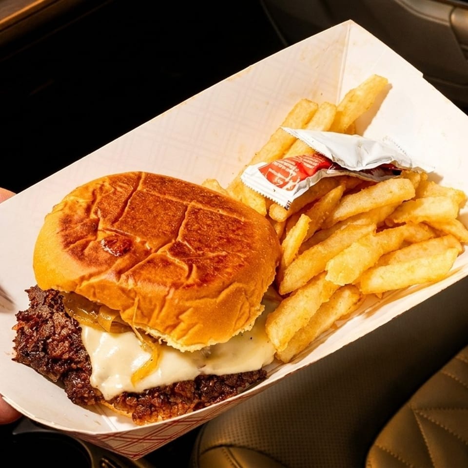 Hand holding a paper tray with a cheeseburger, fries, and ketchup packets inside a car.