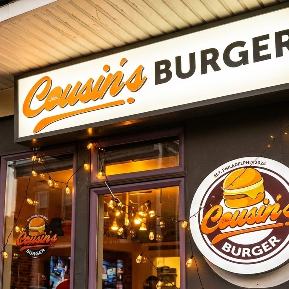 Exterior of Cousin's Burger restaurant with illuminated signs and string lights on the facade.