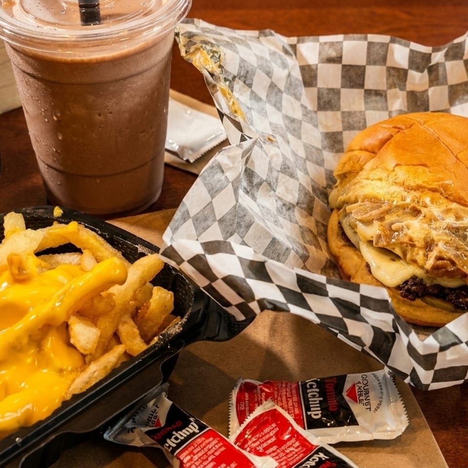A cheeseburger with caramelized onions, cheese fries, and a chocolate milkshake on a wooden table.