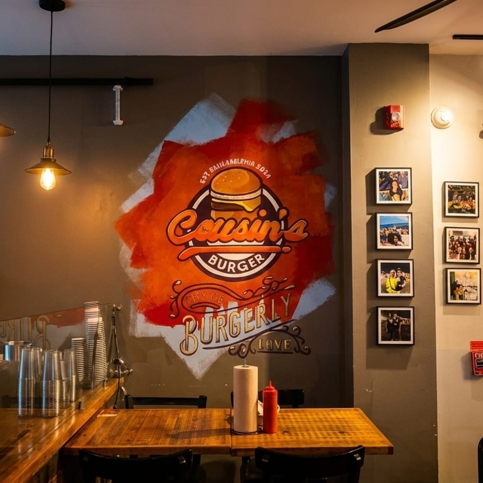 Interior of Cousin's Burger restaurant with a large burger logo mural, tables, and framed photos.