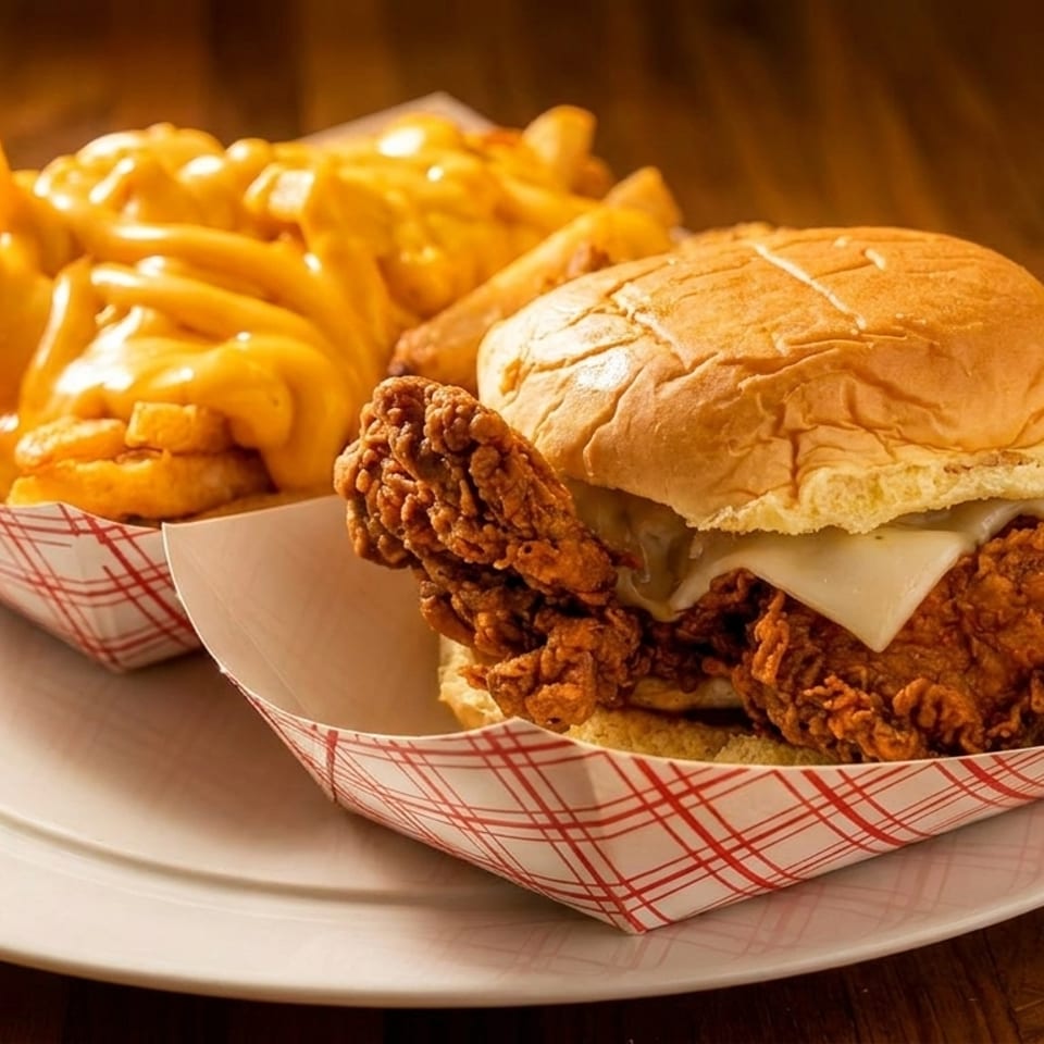 Crispy fried chicken sandwich with cheese and a side of cheese fries in paper trays on a white plate.