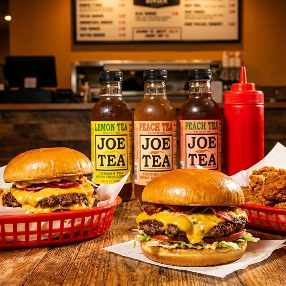 Two cheeseburgers, fries, fried chicken, and three bottles of Joe Tea on a wooden table.