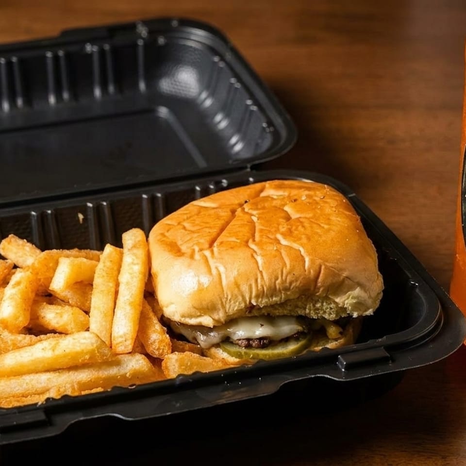 A cheeseburger and fries in a black takeout container, with a bottle of Hank's Orange Cream Soda.