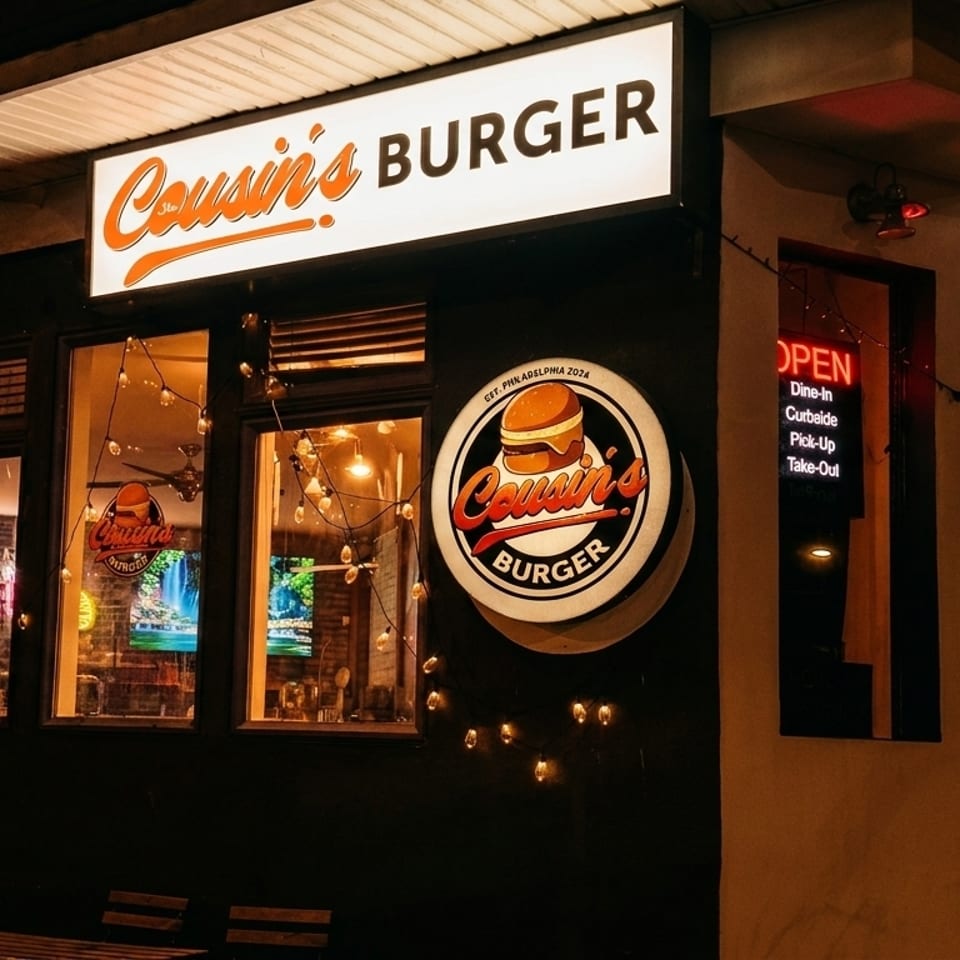 Cousin's Burger restaurant exterior at night, with illuminated signs and string lights on the windows.