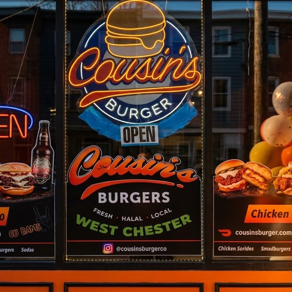 Cousin's Burger storefront with neon signs, food decals, and orange and white balloons.