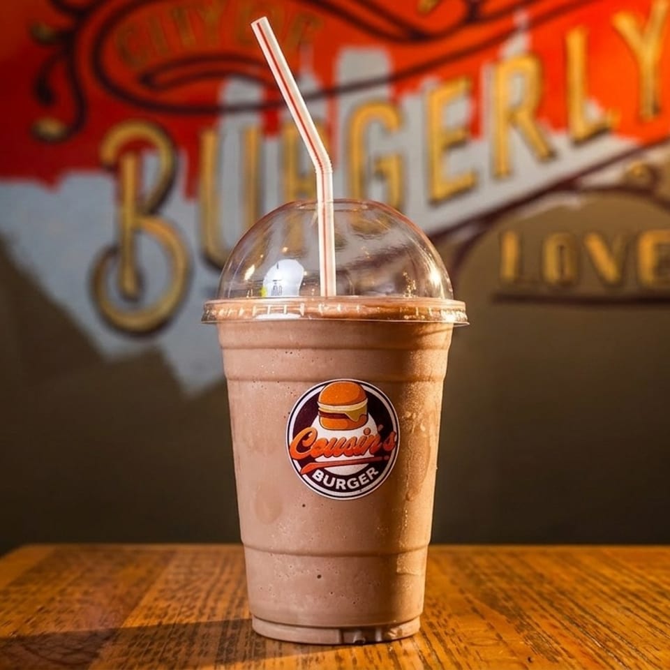 Cousin's Burger chocolate milkshake with a straw on a wooden table, with a "Burgerly Love" sign in the background.