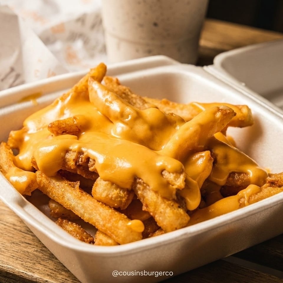 Golden french fries generously topped with melted cheese sauce in a white takeout container.