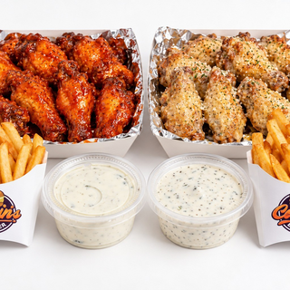 Wings Party Pack (22 bone-in halal wings tossed in up to 2 sauces, 2 fries, and your choice of 2 free side sauces.)