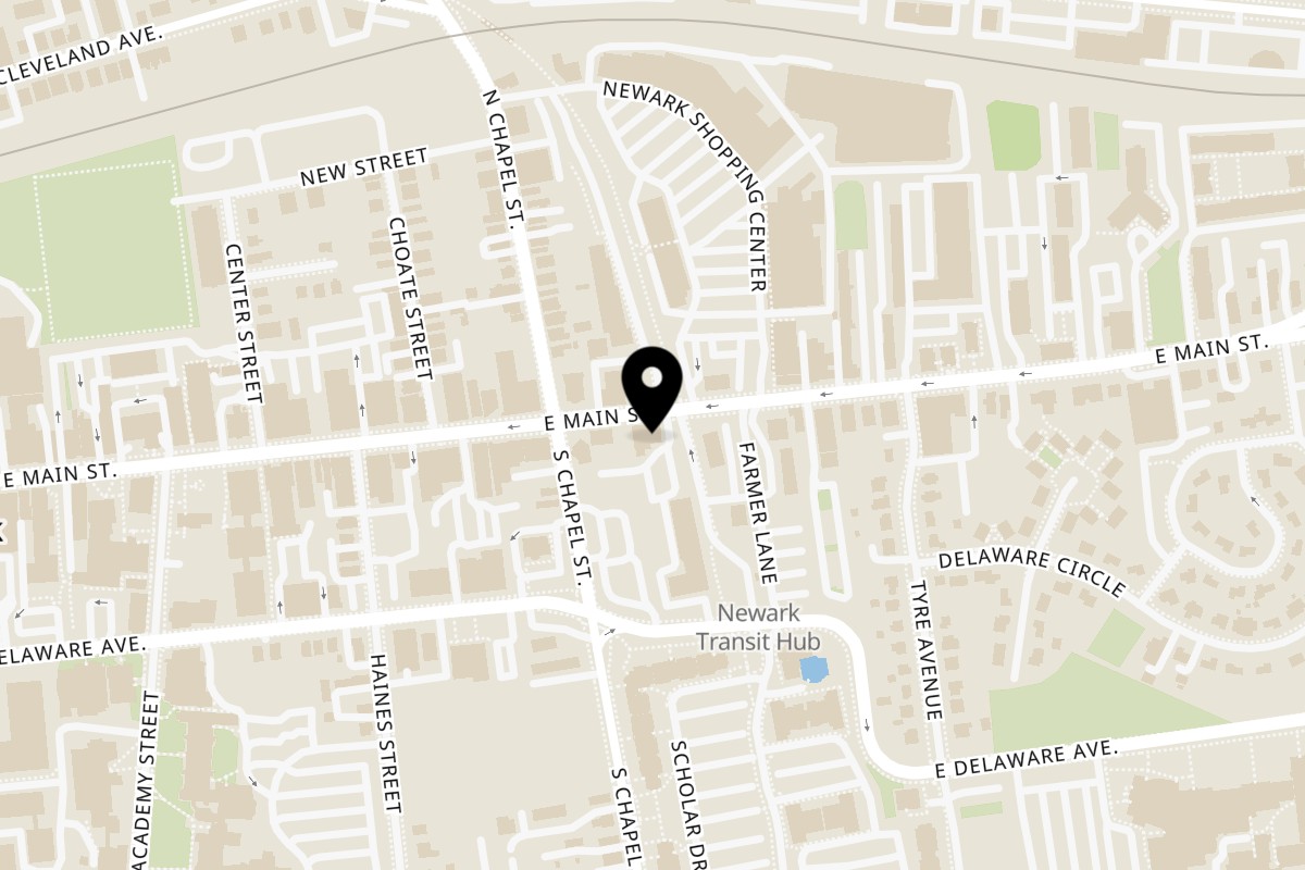 Map showing the location of Cousin's Burger Newark on 215 E Main St in Newark