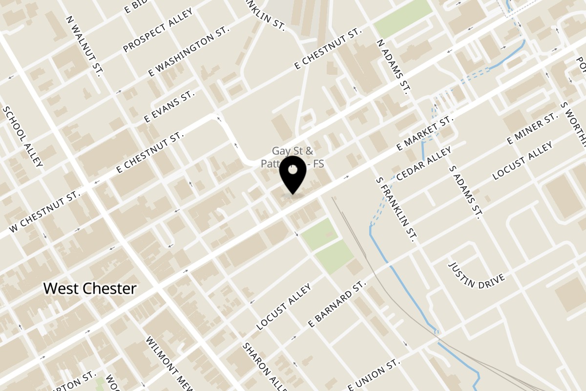 Map showing the location of Cousin's Burger West Chester on 211 E Market St in West Chester