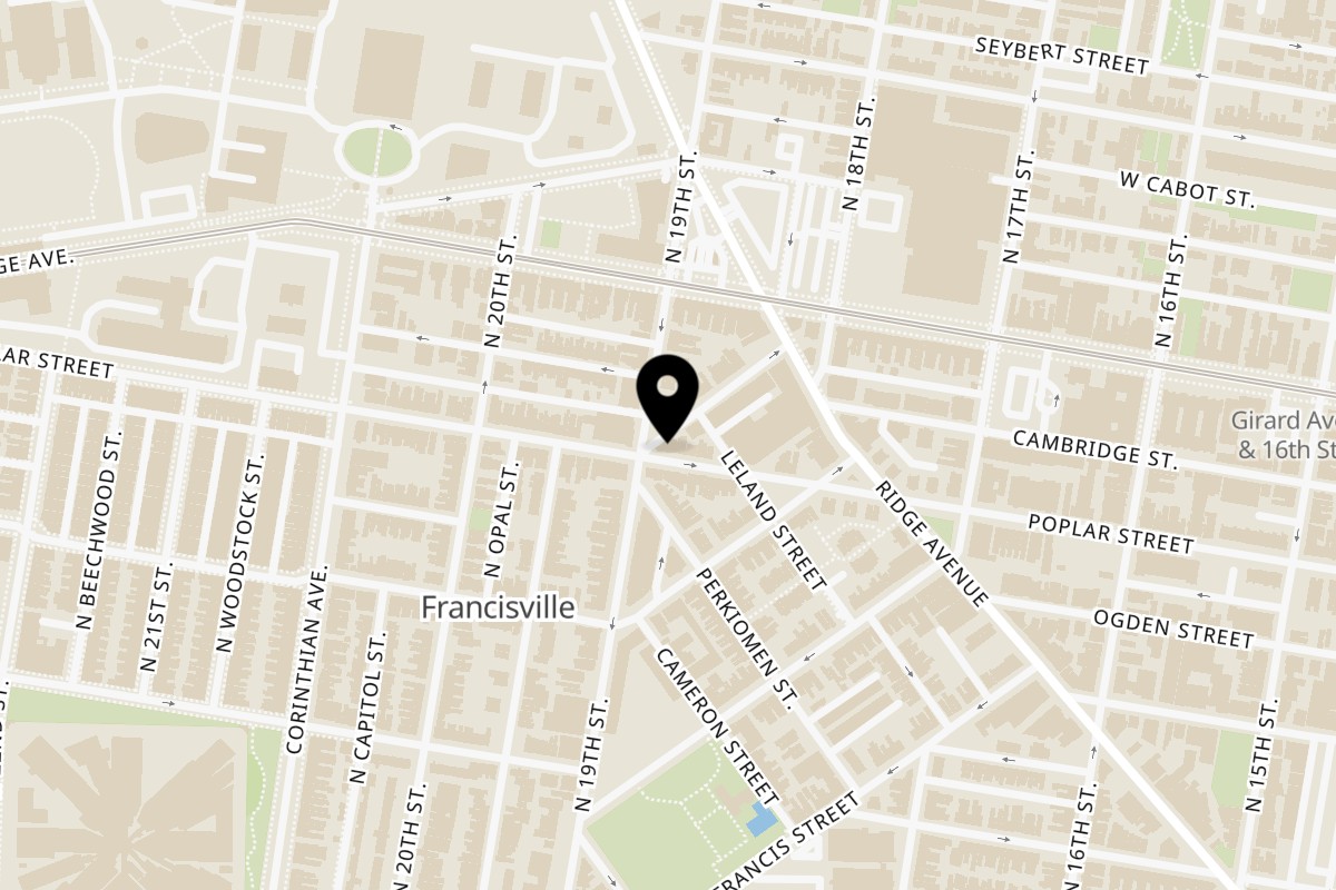 Map showing the location of Cousin's Burger Poplar St Philadelphia on 1839 Poplar St in Philadelphia